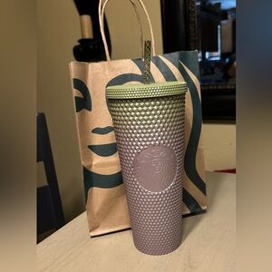 Starbucks. Green and purple metallic bling plastic cold cup. 24oz.